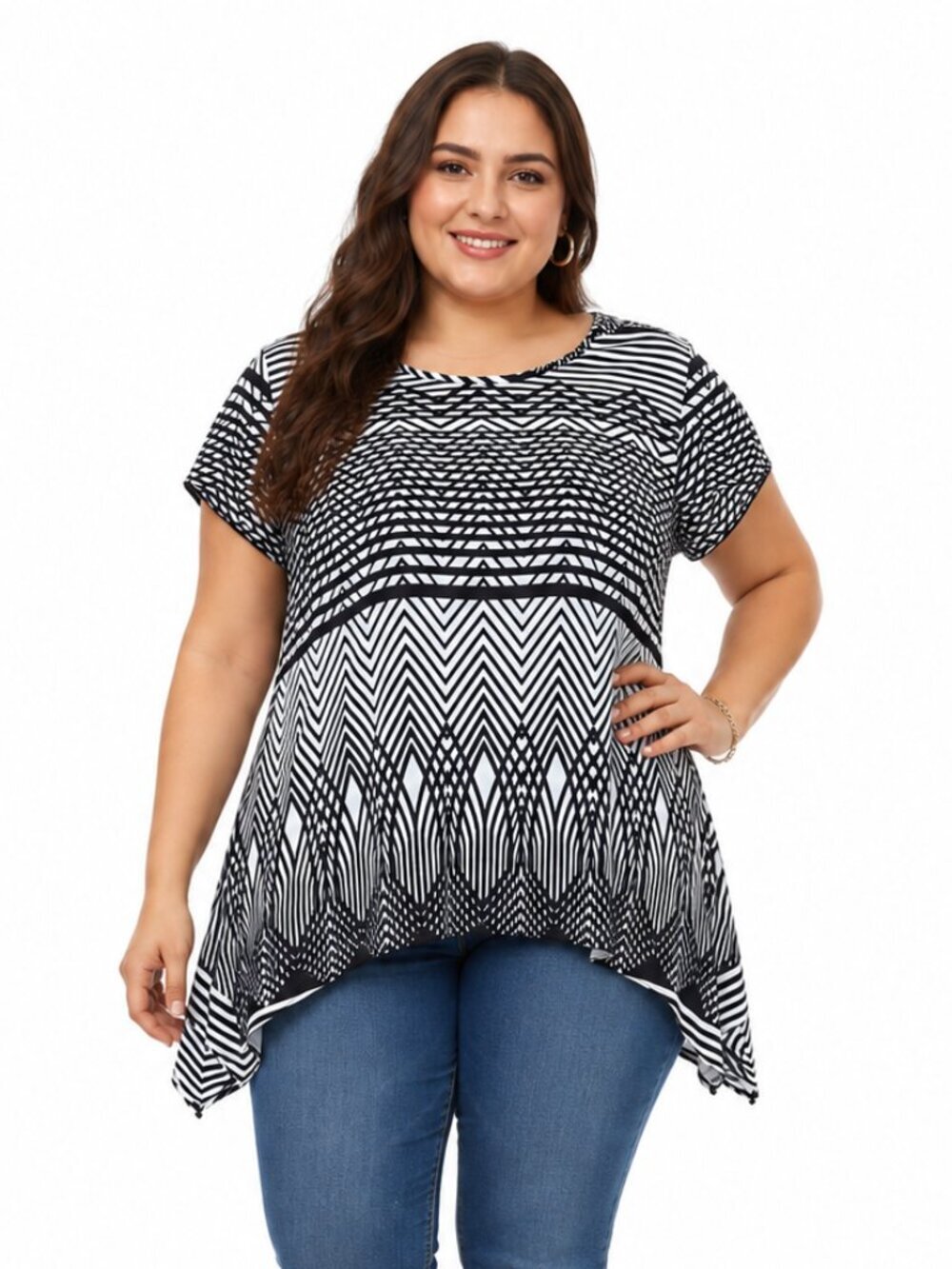 Cato Plus Size Women's Black & White Geo Print Short Sleeve Blouse